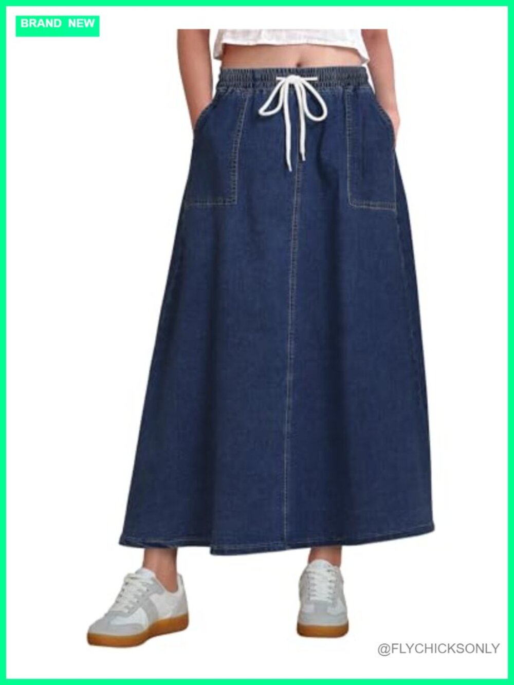 A-Line Maxi Denim Skirt High Rise Elastic Waist Pockets Stretchy